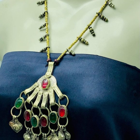 Pendant Necklace, Tribal Big Pendant With Red and Green Glass Stones and Beaded - Picture 5 of 11